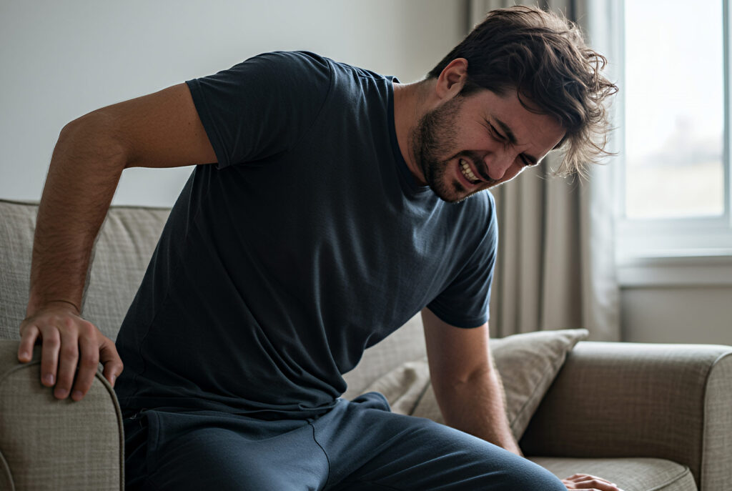Man with lower back pain will be relieved with Evoflex